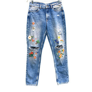 Liu Jo Women Floral Embroidered Distressed Straight Leg Jeans Size 30